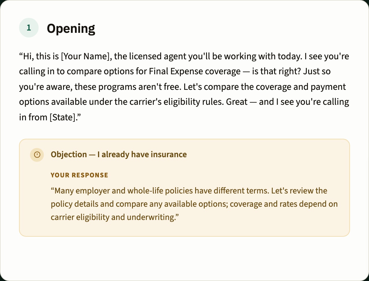 TheyCall Final Expense script panel with the opening line and an objection rebuttal built into the step, shown with demo data