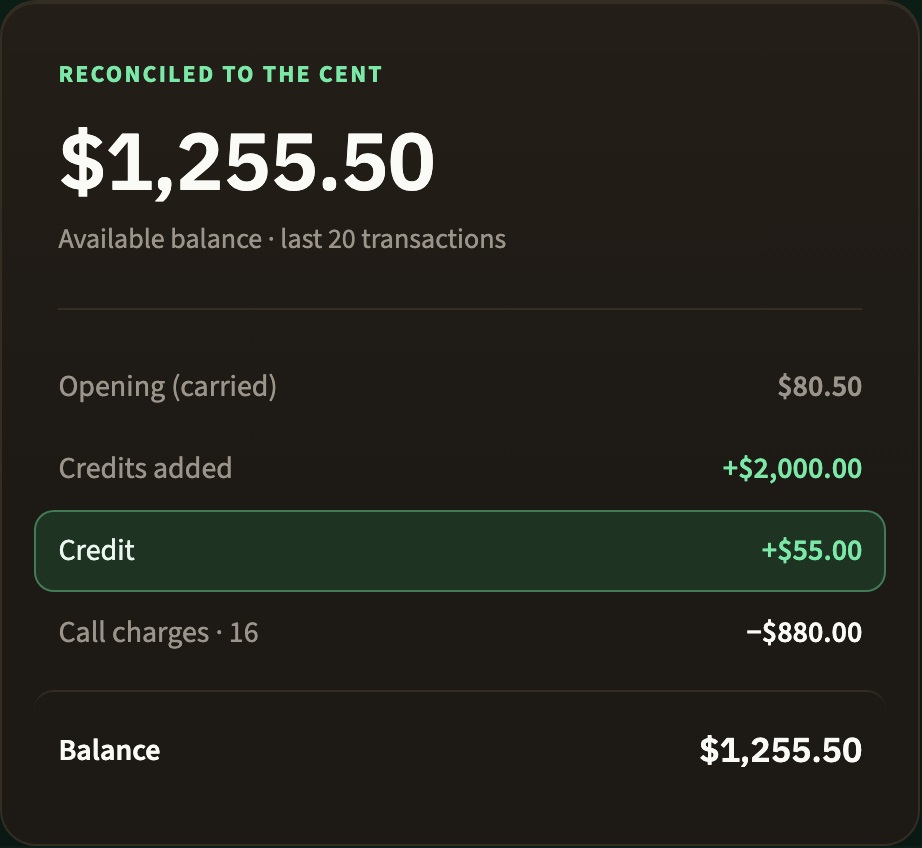 TheyCall wallet reconciliation panel with a +$55.00 credit line and running balance, shown with demo data