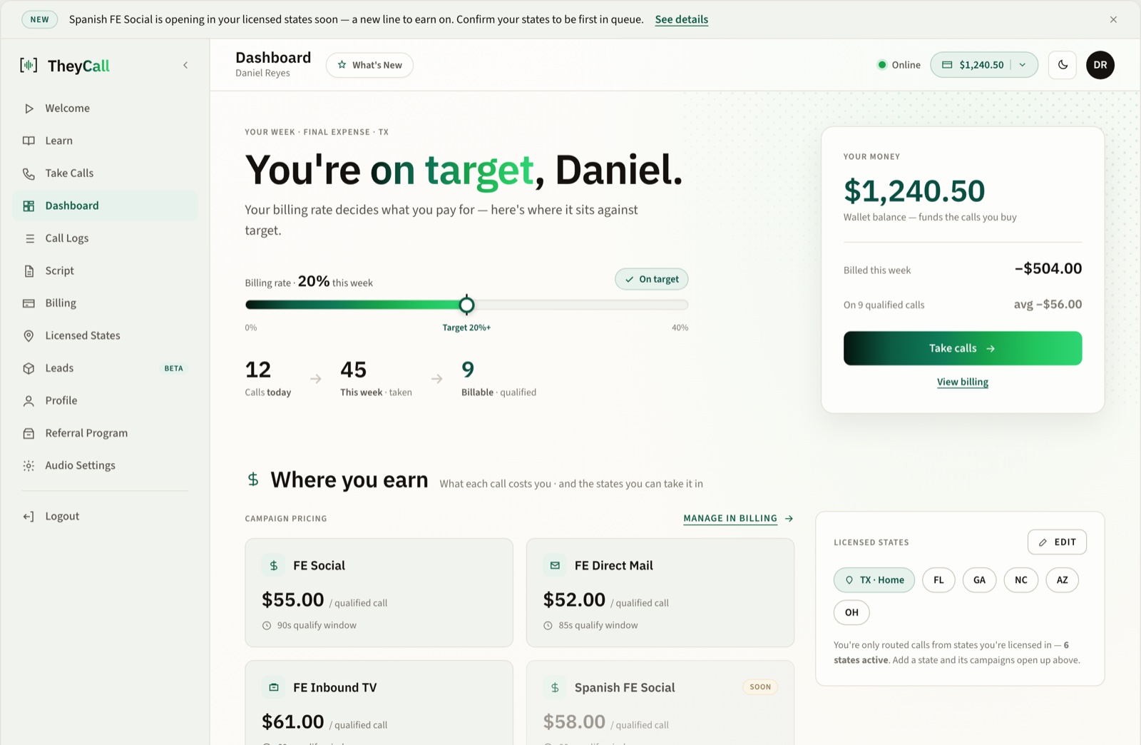 TheyCall agent dashboard with licensed states, Final Expense campaign pricing and live call controls, shown with demo data